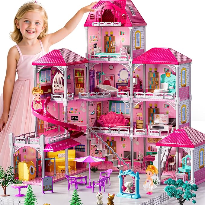JUKUDAHU Villa Playset for Girls Ages 3-7, 4-Story 12 Room House with 2 Dolls, Furniture and Accessories, Indoor Playset Girls Toys for Ages 6-8, Pretend Toddler Toy, Birthday Gifts for Kids 4-8