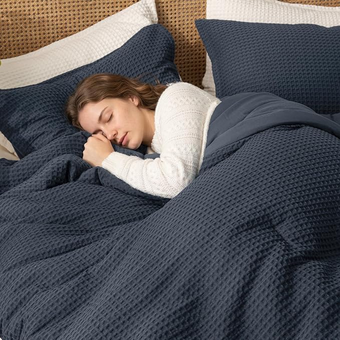 David's Home Waffle Weave Comforter Set 3PCS King Size, Soft Breathable Lightweight Cozy Skin-Friendly Warm for All Season, Elegant Aesthetic Home Decor Bedding Set with Pillow Shams, Indigo