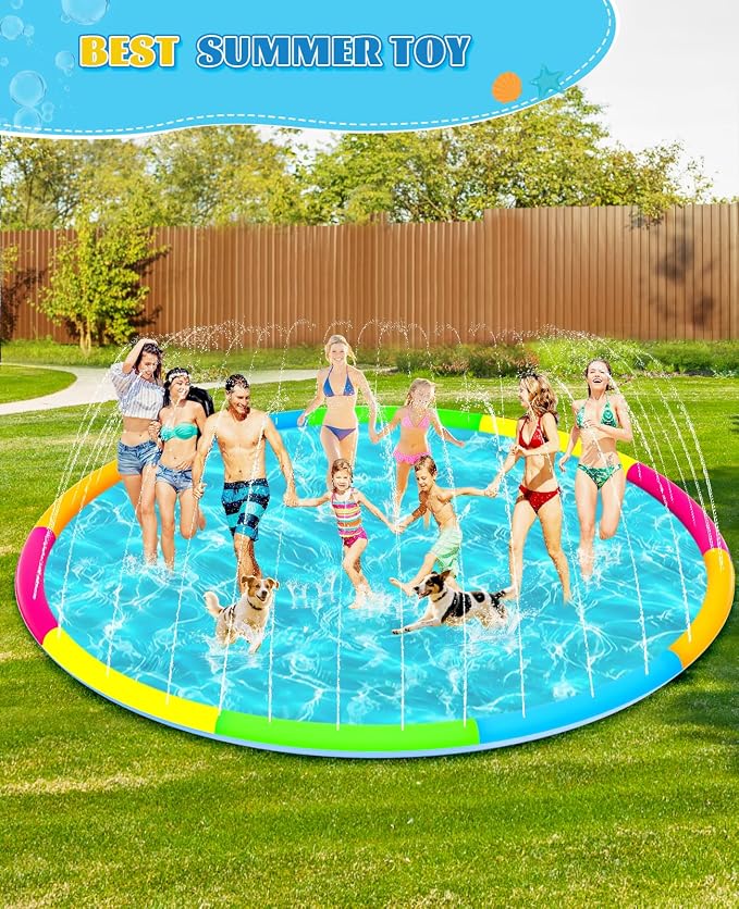 197" Extra Large Splash Pad - Non-Slip Splash Pad for Kids and Dogs Thickened Dog Pool with Sprinkler Outdoor Water Toys Giant Fountain Play Mat for Toddlers Children Adults Pets