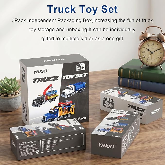 3 Pack 12'' Large Trucks Toy Set,Transport Tow Truck Toy & Dump Trucks and Car Carrier Truck Toys with Lights and Sounds,Friction Powered Movable Parts Kid Boys Toys for 3 4 5 6 7 Years Old