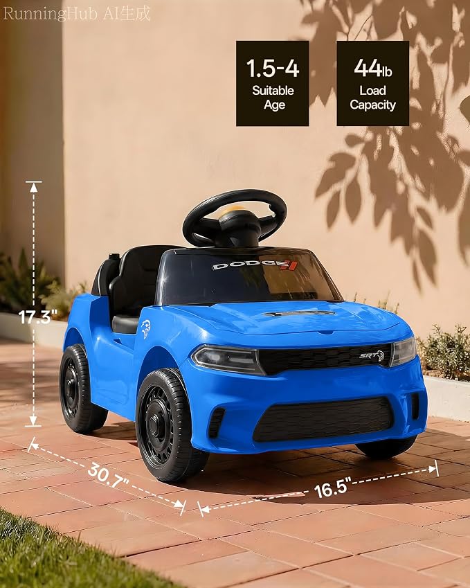 Licensed Dodge Electric Ride on Car for Kids, Ride on Toy for Toddler Aged 1-3 w/Music & Horn - Blue
