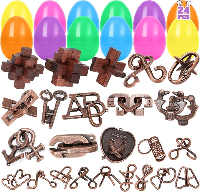 24 Pcs Brain Teaser Puzzles for Adults Teens - Metal Puzzles 3D Puzzle Game Toys for Adults Teens - Wooden Unlock Interlocking Puzzle Adult IQ Education Smart Toys