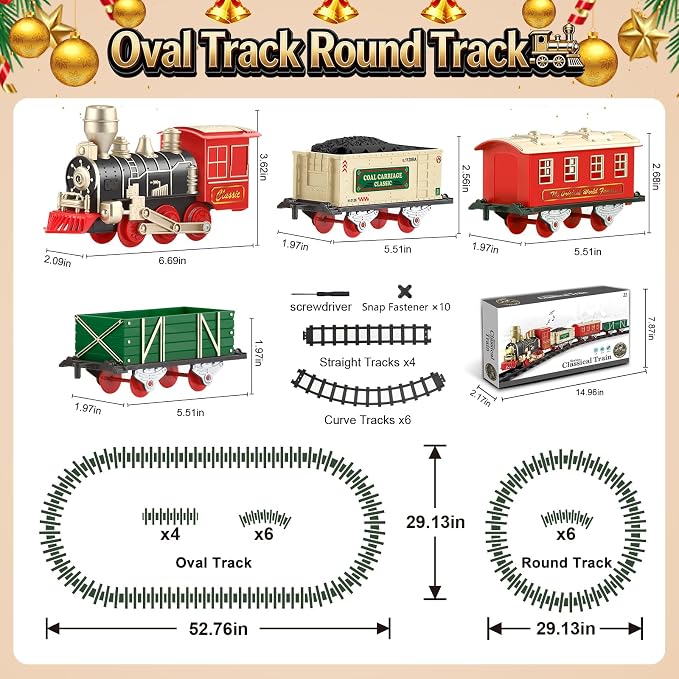 Classic Electric Train Set for Toddlers 3-8 – Battery Operated Push-Button Train with Lights & Sounds, No Remote, Ready-to-Play Locomotive + Snap Tracks