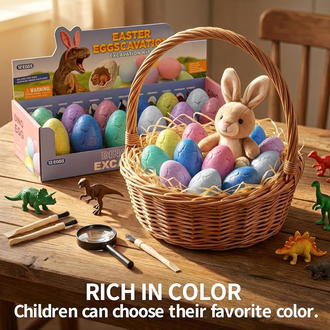 12 Pack Colorful Dinosaur Eggs Excavation Kit with Learning Cards - Dino Dig STEM Science Toy for Kids - Easter Basket Stuffers, Party Favors Birthday Gifts Classroom Activities for Boys Girls Age 3+
