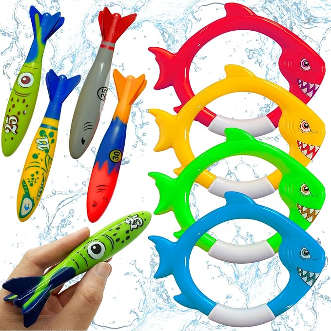 Haktoys Shark Dive Rings & Torpedo Pool Toys for Kids & Toddlers, Sinking Diving Toys for Swim Training, Underwater Pool Games with Fish Rings & Torpedoes, Summer Water Toys for Boys & Girls
