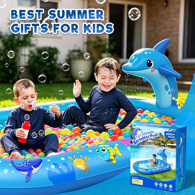Splash Pad for Toddlers, 3-in-1 Dolphin Inflatable Baby Pool Sprinkler for Kids, Baby Splash Pads Outdoor Play Mat, Backyard Summer Water Toys Birthday Gift for 1+ Year Old Girls Boys