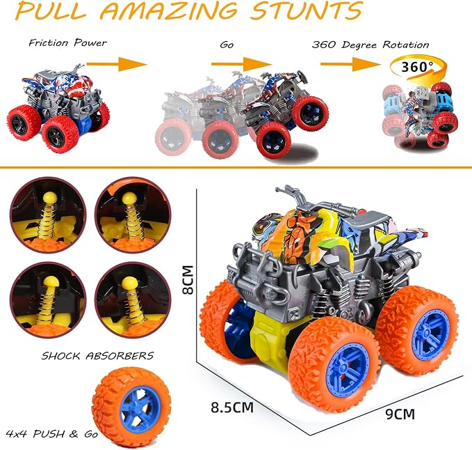 Monster Truck Toys - 4 Pack Friction Powered Toy Motorcycle Cars Push and Go Car Truck Playset for Boys Girls Toddler Aged 3 4 5 6 7 Year Old Gifts for Kids Christmas Birthday Party
