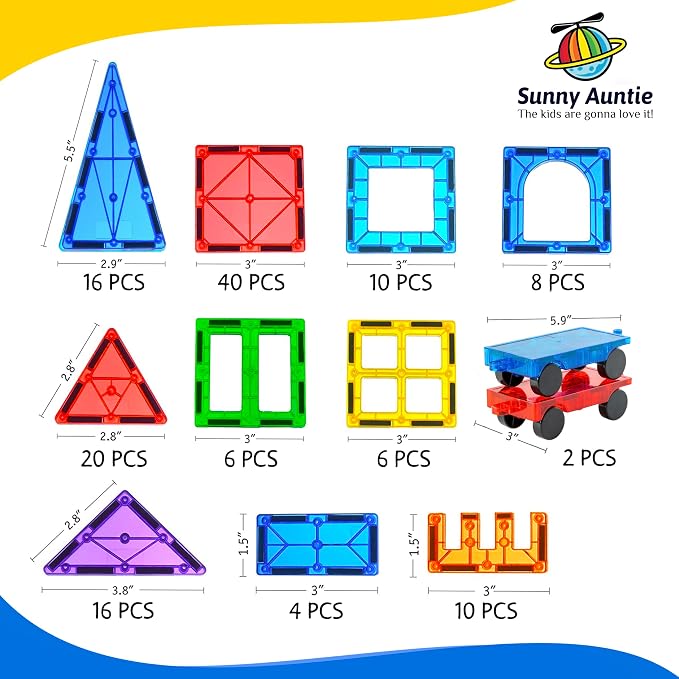 SUNNY AUNTIE Magnetic Tiles 138 PCS XL Set with Storage Bag – Magnetic Building Tiles for Kids Ages 3-8, STEM Magnet Construction Toy for Boys & Girls