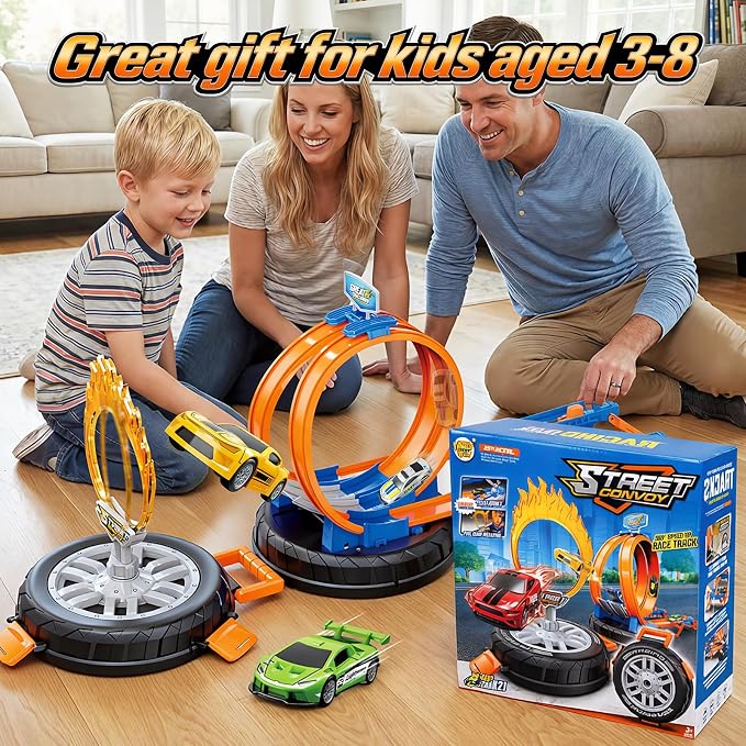 Topfresh 2026 Race Car Track Set Toy for Kids, Stunt Racing Playset with 360°Loop Car Track with Four 1:64 Scale Vehicles Gift Toys for Boys Girls Ages 3 4 5 6 7 8 (Upgrade)