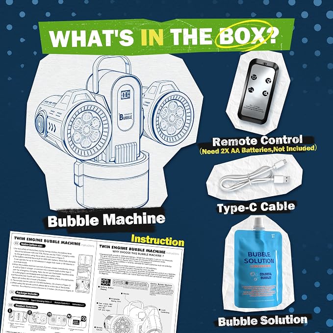 Dual-Engine Bubble Machine with Auto Rotation & RGB Lights & Remote Control,1800mA Type-C Rechargeable,700mL Tank,Bubble Maker for Kids, Party, Wedding, Backyard Outdoor Toy