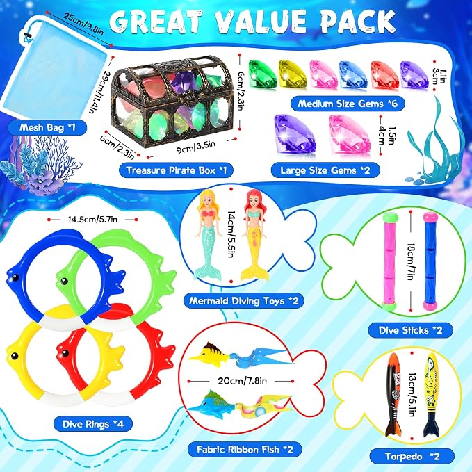 VGOFUN Diving Pool Toys for Kids Ages 3-12, Swimming Pool Toys Water Sinking Toys with Diving Gem Pirate Treasure Chest, Mermaid Toys, Dive Rings Sticks Torpedo Storage Bag for Summer Party Favor