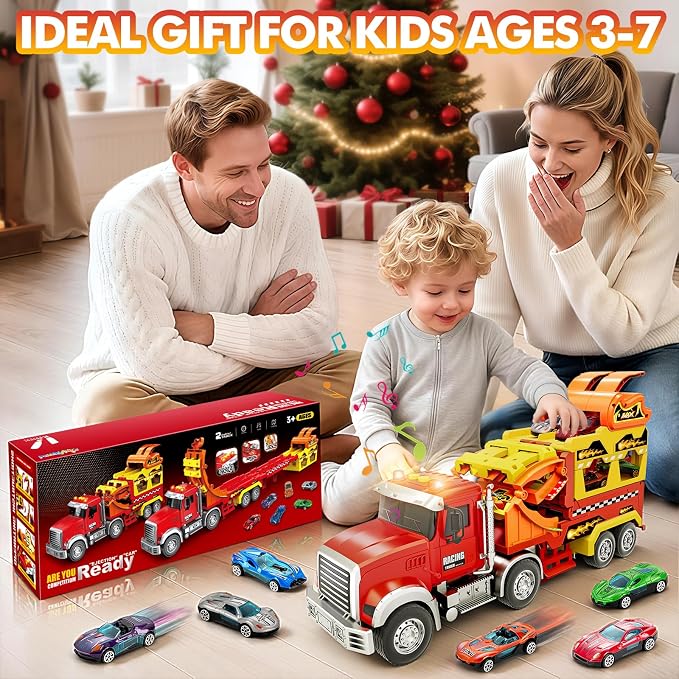 Kids Toys for 3 4 5 6 7 8 Years Old Boys, Carrier Truck Transport Car with Lights Sounds, Foldable Layer Car Race Track Playset with Race Track, 6 Metal Toy Cars, Christmas Birthday Gift for Toddler