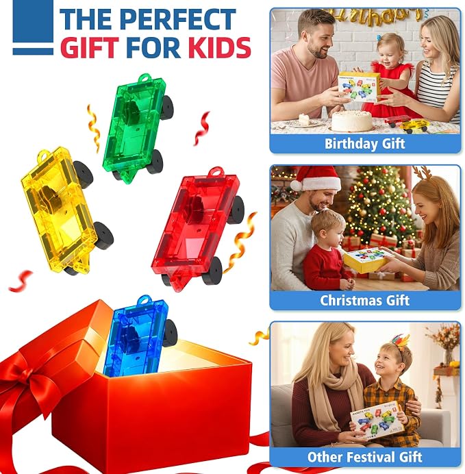 8PCS Magnetic Tiles Mini Cars Construction Set Compatible with Mini & Major Tiles, Magnet Car Easter Toys for 3+ Year Old Boys Girls Kids,STEM Educational Portable Travel Toys for Airplane,Car Play