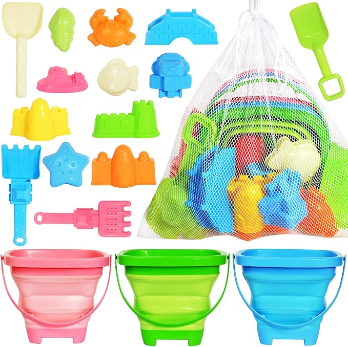 Collapsible Beach Sand Toys for Kids Toddlers,Travel Beach Toys with 3 Collapsible Sand Buckets,Shovels,Mesh Bags,Sand Molds,Castle Toys for Beach, Age 18+ Month
