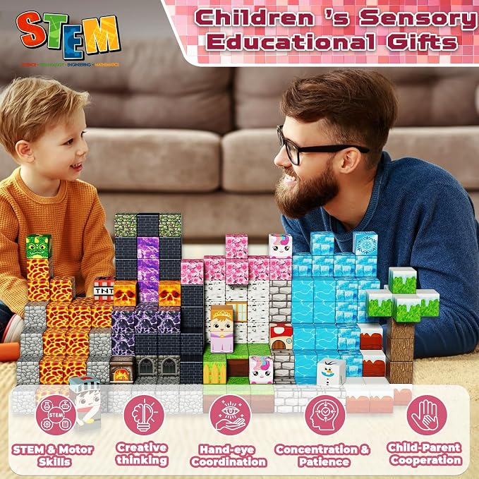Magnetic Blocks - 150PCS Magnetic Building Block Cubes Dark Forest Glacier Castle, Magnet Toy Building Sets for Kids Age 3+, STEM Stacking Construction Toys Easter Gift for Boys Girls Age 4-8, 8-12