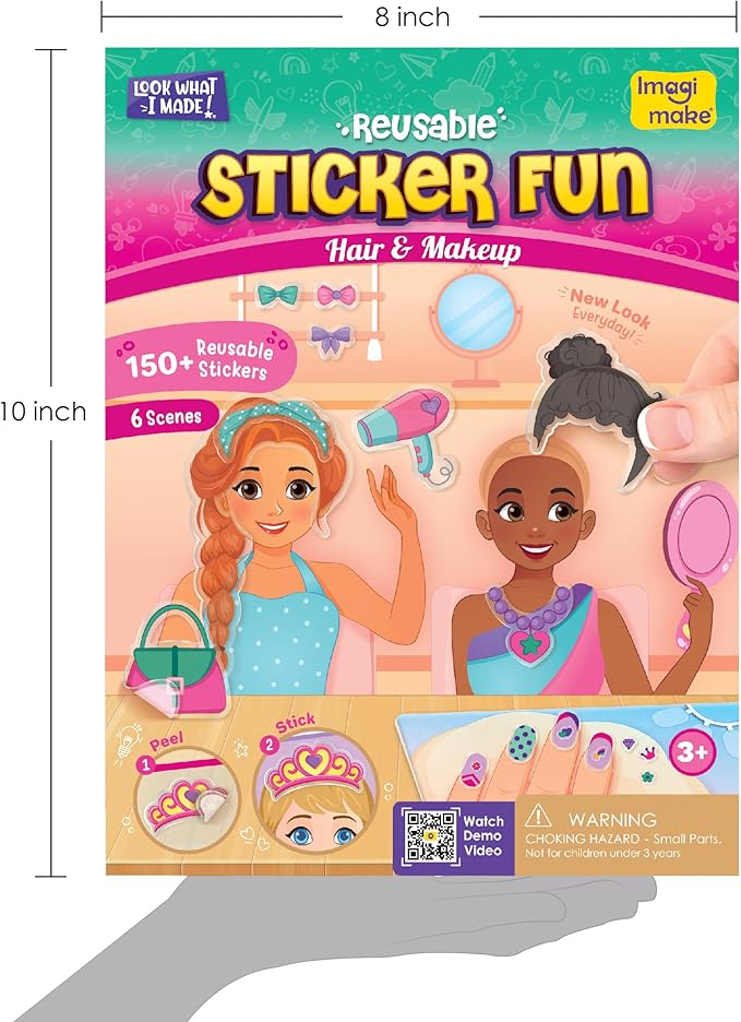Imagimake Reusable Sticker Fun – Hair & Makeup Kit |Reusable Glam Stickers for Kids | 6 Styling Scene Boards | Pretend Play | Kids Games 3-5 | Toddler Girl Toys | 3,4,5,6,7 Year Old Girl Birthday Gift