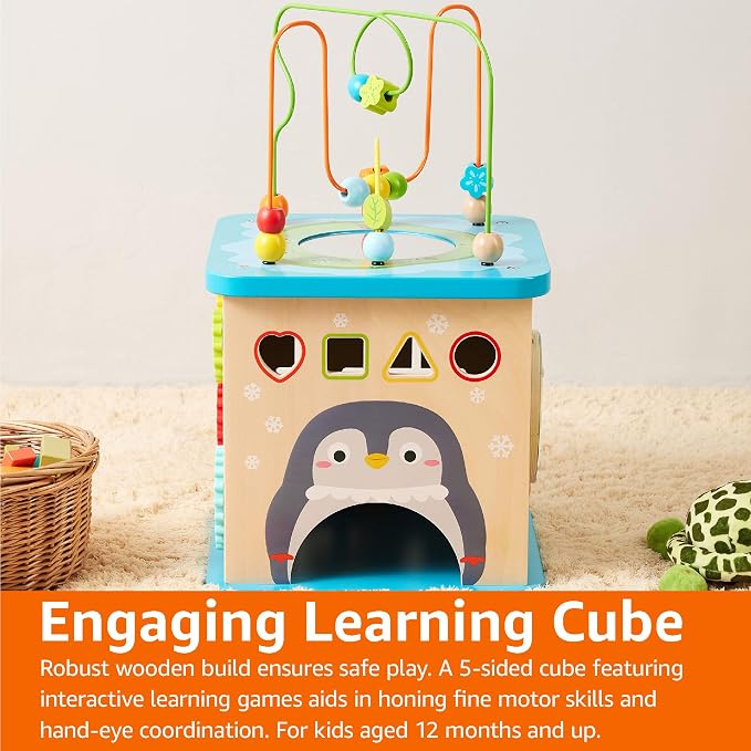 Amazon Basics Kids Wooden Activity Cube, Educational Learning Toy with Bead Maze and Shape Sorter, Developmental Fine Motor Skills, Gift for Toddlers Age 12M+, Multicolor, 13.4x22.5x13.4inches