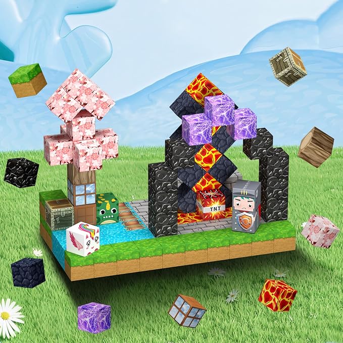Uucoco 100PCS Magnetic Blocks - Magnet Cubes Toys Stacking, Build Mine Magnet World Magic Portal Set, STEM Montessori Stacking Toy for 3+ Year Old Boys&Girls (Forest and Castle)