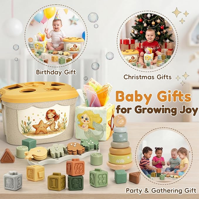 Baby Toys for 6-12 Months, Montessori Toys for Babies 6 Months+ | Shape Sorter, Stacking Rings, Sensory Baby Blocks, Educational Montessori Toys for 6+ Months, Neutral Baby Birthday Gift Set