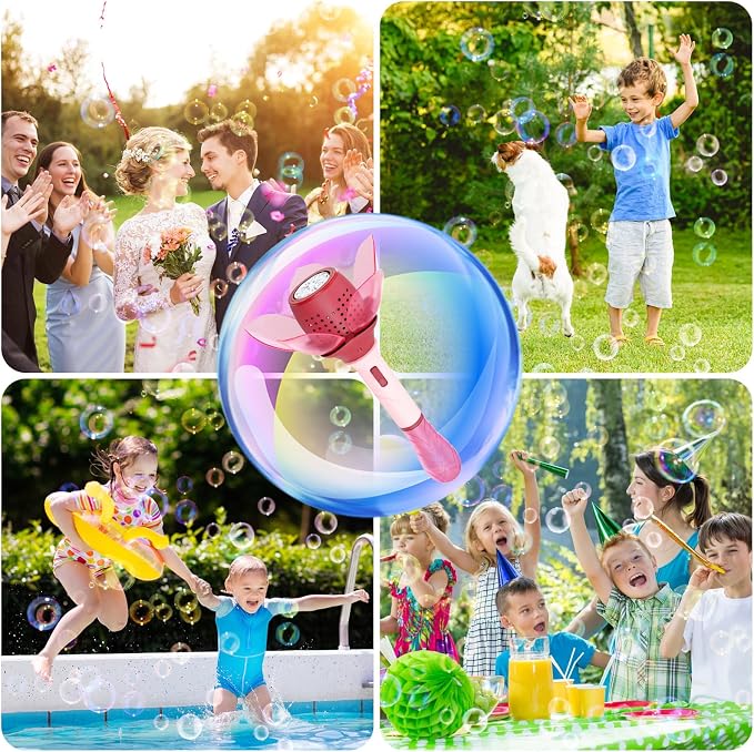 Panamalar Electric Bubble Wand for Kids, Light Up Automatic Bubble Machine Blower with Lights/10000+ Bubbles/120ml Solution, Rechargeable Flower Bubble Wand Maker Toys for Outdoor Party Wedding
