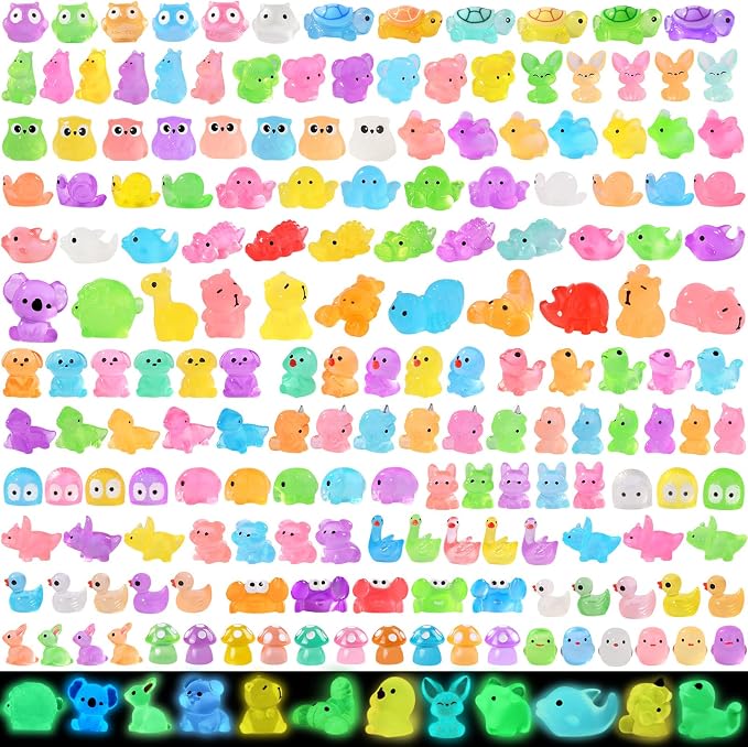 DIYDEC 184PCS Luminous Mini Resin Animals, Miniatures Figures Glow in The Dark Small Tiny Toys to Hide Little Ducks Decor for Party Favors Bag Fillers Fairy Garden Dollhouse Accessories