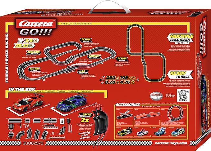 Carrera GO 62575 Ferrari Power Racing Electric Powered Slot Car Racing Kids Toy Race Track Set Includes 2 Hand Controllers and 2 Cars in 1:43 Scale