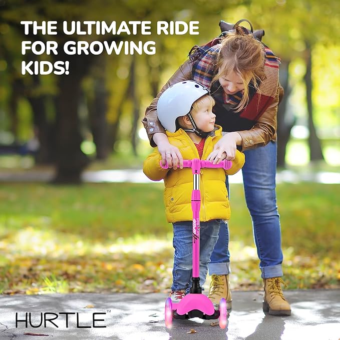 Hurtle Mini Kickboard Scooter for Kids - Height Adjustable 25''-28'', Lightweight 3-Wheel with LED Light-up Wheels, Anti-Slip,Indoor/Outdoor Fun, Micro Scooters for Ages 2-5 (Pink)