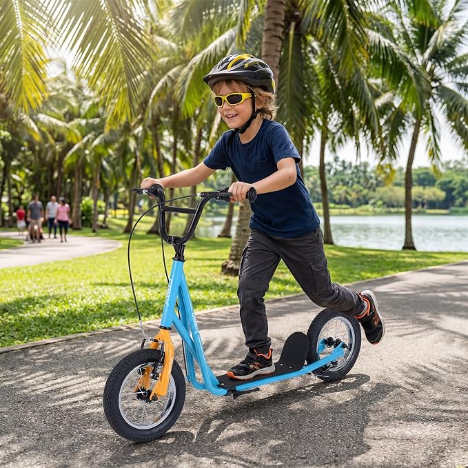 GYMAX Scooter, Kids & Adults Off-Road Scooter with 12" Inflatable Wheels, Adjustable Height Handlebar, V-Type Handbrakes & Axle Pegs for All Terrain, 8+