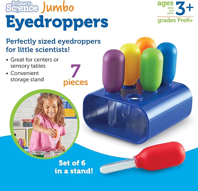Learning Resources Jumbo Eyedroppers - Science Experiments for Kids, Sensory Water Table Toys, Toddler Tools, Preschool STEM, Fine Motor Skills Toys, Droppers for Kids, Craft Materials, Water Dropper