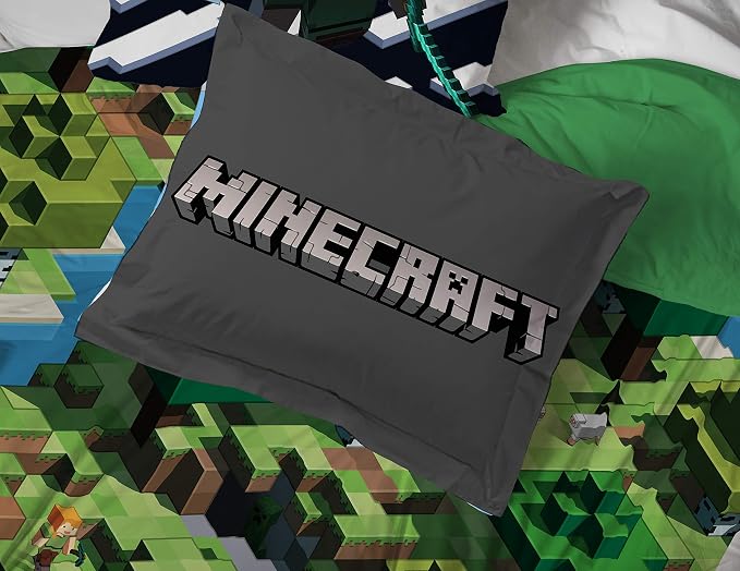 Jay Franco Minecraft Daytime 7 Piece Queen Bed Set - Includes Comforter & Sheet Set - Bedding Features Alex and Steve - Super Soft Fade Resistant Microfiber - (Official Minecraft Product)