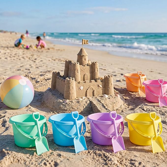 Lunmon 18 Pcs Beach Toys for Kids 6 Set Sand Buckets Shovels Bulk Pastel Beach Balls Inflatable Sand Toys for Girls Boys Toddlers Games Birthday Summer Pool Party Favor (Macaron, Cute)