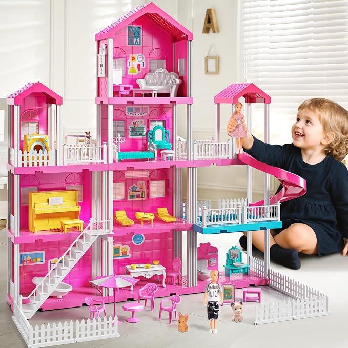 JUKUDAHU Pink Villa Playset for Girls Ages 3-7, 4-Story 10-Room House with 2 Dolls, Furniture & Accessories, Pretend Play Toddler Toy, Birthday Gifts for Kids 3-8
