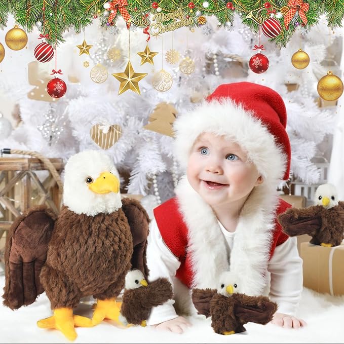 4 Pcs Bald Eagle Stuffed Animal, 14" Zippered Large Mommy Stuffed Eagle Plush with 3 Baby Bald Eagles Toys, Wild Zoo Animals Gifts for Kids Boys Girls Birthday Christmas