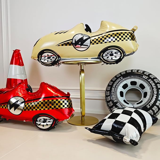 3D Self Standing Race Car Tire Foil Balloon Red Car Balloons For Birthday Boy Race Themed Party Baby Shower Decorations Supplies
