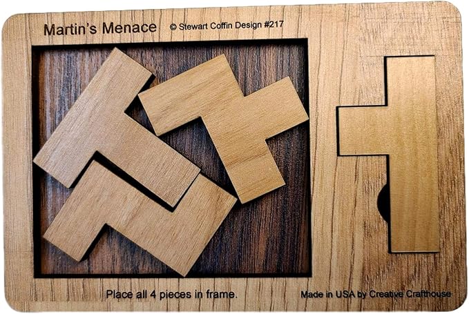 Creative Crafthouse Martin's Menace Small Stewart Coffin Wood Puzzle | Design number 217. A four piece packing solve that looks easy and absolutely is not. A desk and shelf gift, made in USA