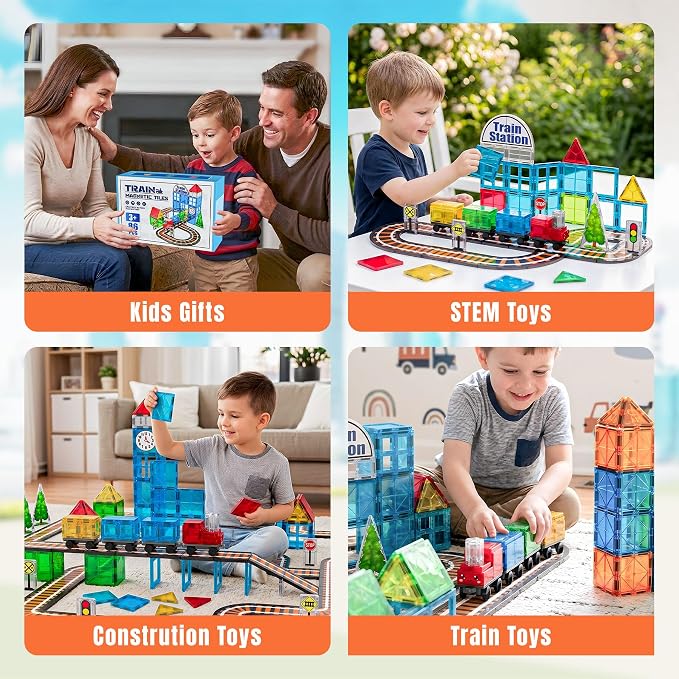 SKTMYY Train Toy Magnetic Tiles for Kids Ages 4-8 with Train Station Tracks | Magnet Building Blocks with Cars Signal Preschool Classroom STEM Montessori Toys Birthday Gifts for Boys Girls Toddler 3-5
