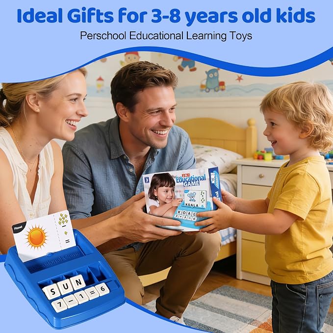 2 in 1 Kids Educational Toys, Spelling & Math Learning Game with Flash Cards Letter Cubes Number Blocks Matching Tray, Montessori Preschool Learning Toys for Toddlers Ages 3-8 Boys Girls