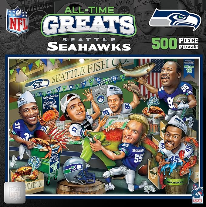 MasterPieces 500 Piece Officially Licensed NFL Jigsaw Puzzle - Seattle Seahawks All Time Greats for Adults & Family, 18"x24", Eco-Friendly