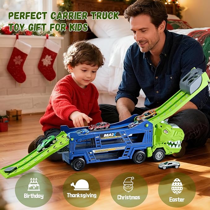 Dinosaur Truck Toys for Kids 3-5 - Transporter Carrier Truck with 6 Die-Cast Cars Toys, 3 in 1 Truck with 2 Foldable Race Tracks, Christmas Birthday Gifts Toys for 3 4 5 6 Years Old Boys(Jungle Blue)