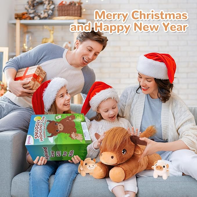 gnomantic Highland Cow Stuffed Animals with Babies, Mommy Toy for Kids | 5-Piece set: 1 mommy highland cow + 3 surprise babies inside. Unzip belly to reveal babies. Ultra-soft, safe for ages 3-8.