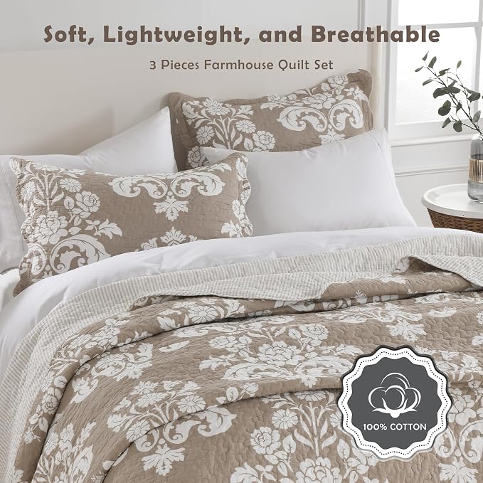 King Size Bedding Set - 3-Piece Lightweight Reversible Quilt Set in Cotton, Farmhouse Floral, Khaki, for All Seasons