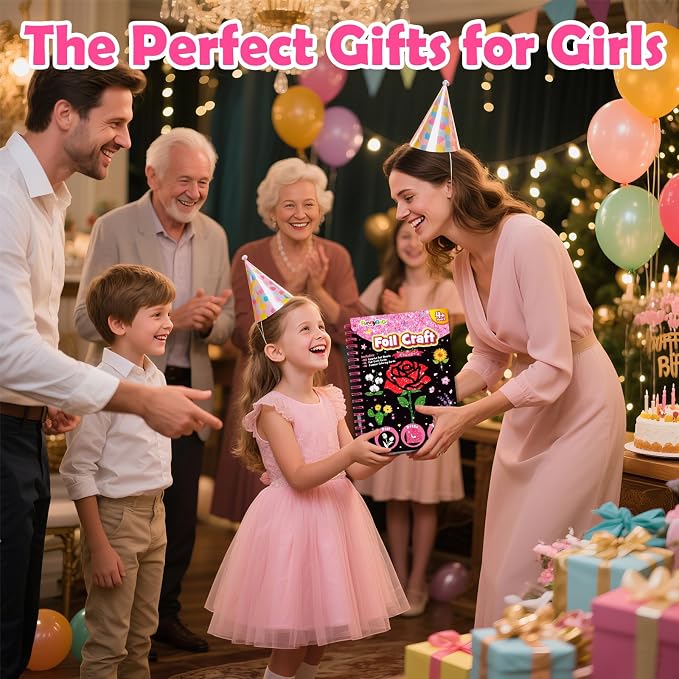 FUNNYB&G Foil Art Craft Kit for Girls 4-10 Years Old: Mess-Free & No-Glue, Create 16 Sparkly Flower Pictures – Perfect Travel Toy & Birthday Gift for Kids(Flower)