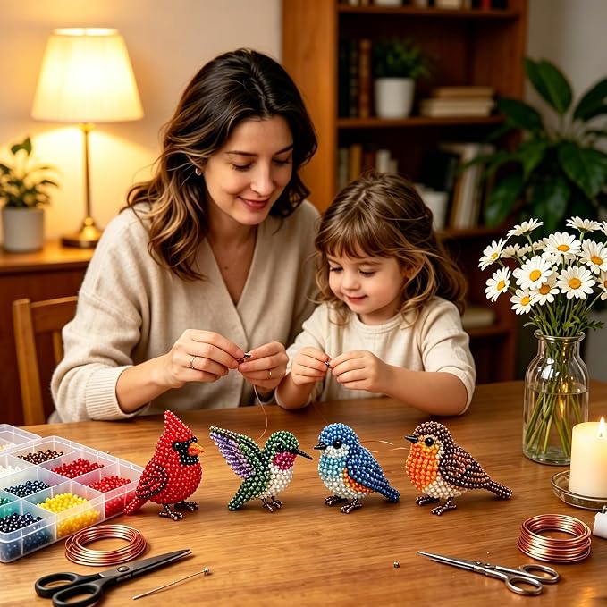 CJNEJGT Kid Friendly 3D Beaded Animal DIY Kit, Stress Relief Leisure DIY Bead Toy Set, Beginner Bead Embroidery Craft Gift with Step-by-Step Instructions (4PC Bird)