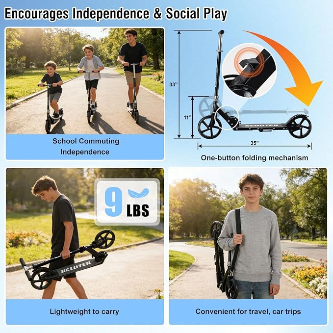 Scooter for Age 6+, Folding Kick Scooters for Kids 8-12,Teens, Adults up to 250Lbs,3 Adjustable Heights, Rear Brake, Wide Antislip Deck, Lightweight Scooter for Boys Girls