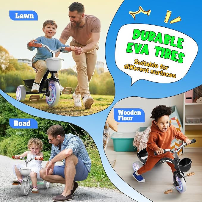 Kkdi Toddler Tricycle for 1-3 3-4 Year Olds, 2 3 4 Year Old Boy Girl Birthday Gifts, Toddler Baby Bike, 3-Level Adjustable Seat, 3 Color Light Wheels, 2 Baskets, Outdoor Riding Toys for Ages 2-4