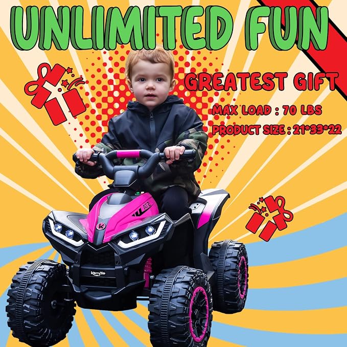 KerryYoo AT2 Kids ATV,12V 4 Wheeler for Kids 3-6,Electric Toddler Ride On Toys,Remote Control, High/Low Speeds, LED Lights, Bluetooth, and Off-Road Tires - Pink
