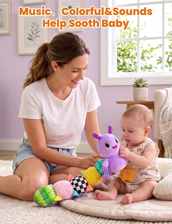Musical Caterpillar Baby Sensory Toy for Infant Development 0-12 Months – Newborn Bath, Car Seat, Stroller & Bassinet Activity Toy & Gift – Tummy Time Crawler & Teether(Purple)