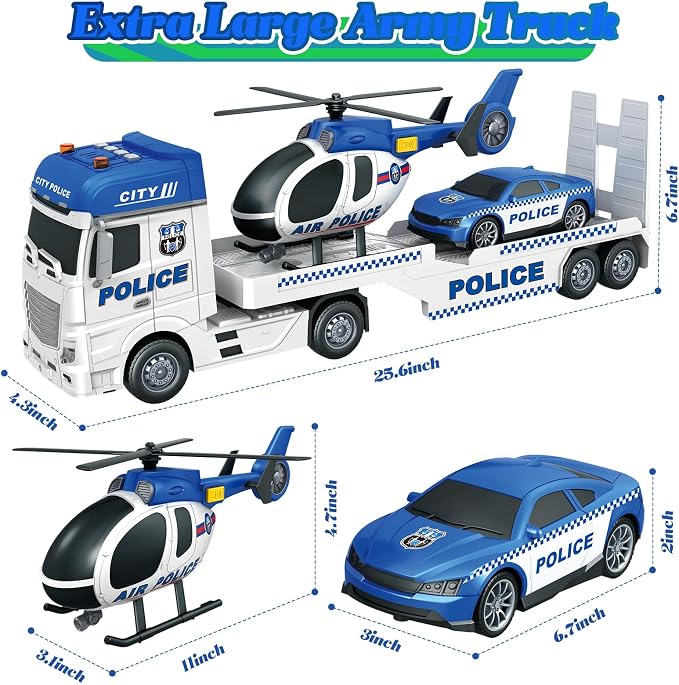 3-in-1 Police Truck Toys for Kids Ages 3-6 – 25.6 Inch Extra-Large Inertia Semi Trailer with Lights & Sounds, Detachable Light & Sound Helicopter and Police Car