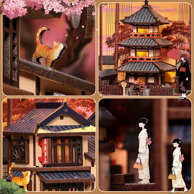 Japanese Book Nook Kit - 3D Wood Puzzles for Adults (Twilight Sakura Path) | DIY Miniature House Kit Bookshelf Diorama Creative Gift for Women