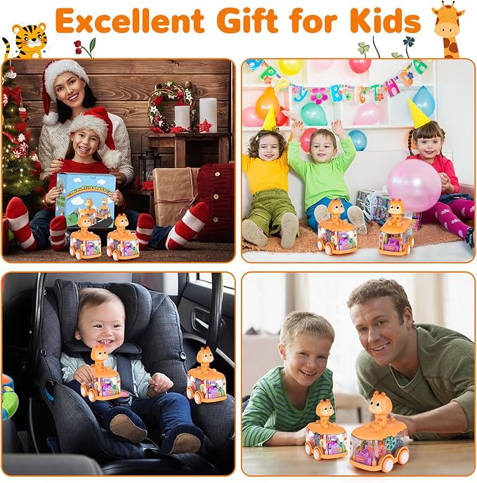 ShinySong Press and Go Car for Toddlers, 2 Pack Light Up Baby Animal Car Toys with Visible Gears, Birthday Gifts for Boys Girls, Giraffe 2PCS